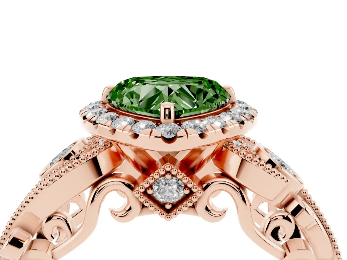 Fancy Green Heart Cut Diamond Halo Ring with Milgrain Pavé Band and Four-Prong Setting Rose gold