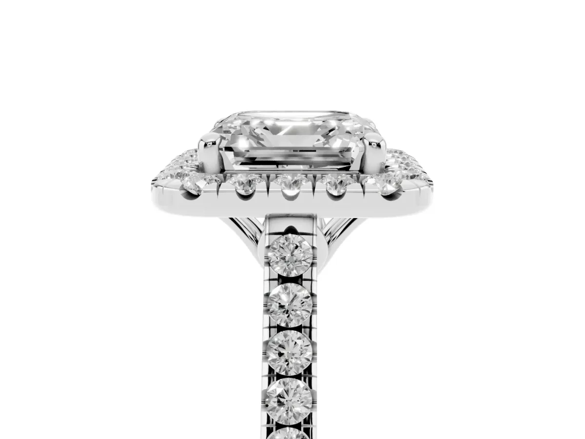 Asscher Cut Halo Pavé Diamond Engagement Ring with Four-Prong Setting Silver