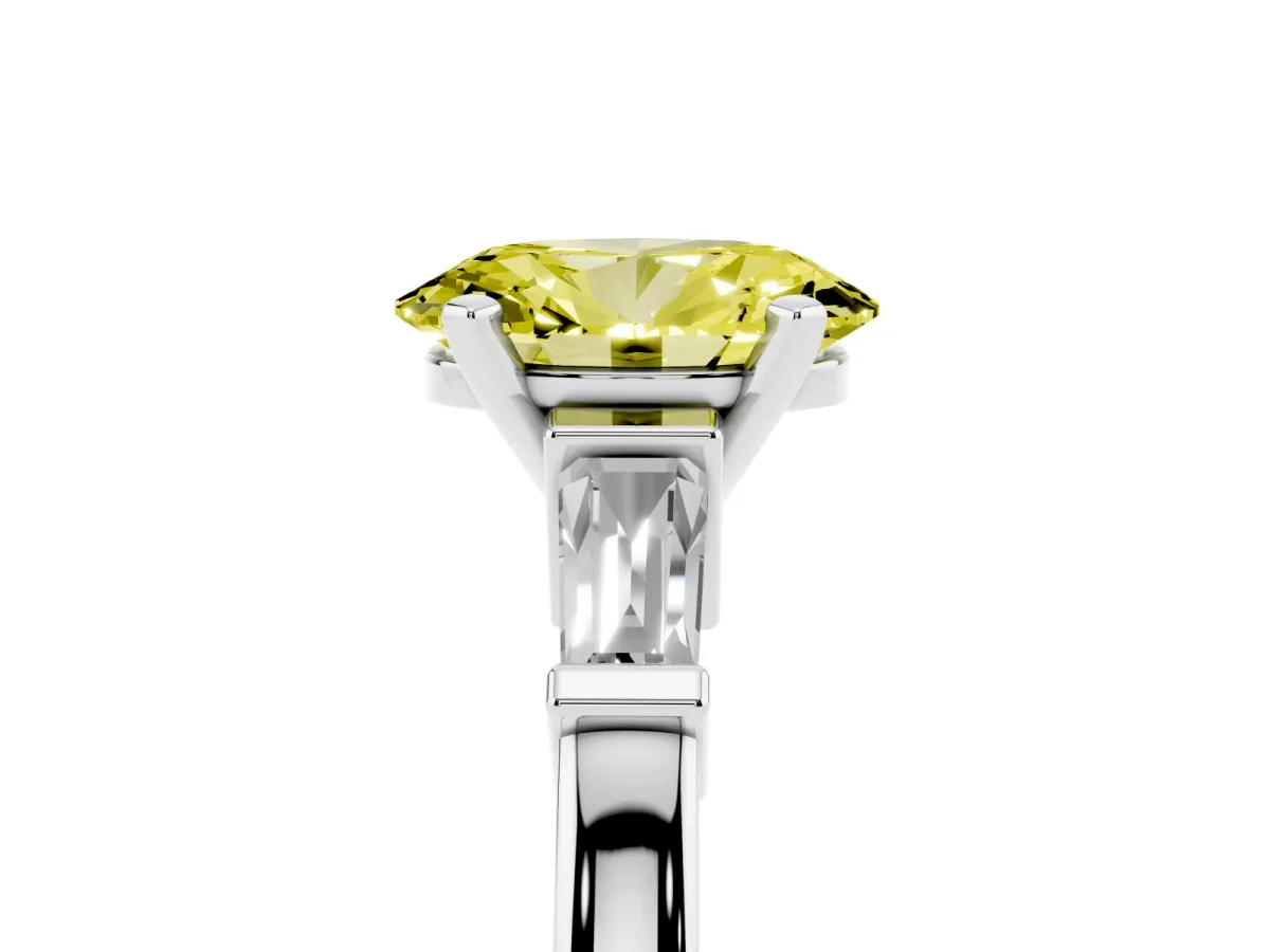 Fancy Yellow Oval Cut Cut Diamond Solitaire Ring with Tapered Baguette Accents and Four-Prong Setting Platinum