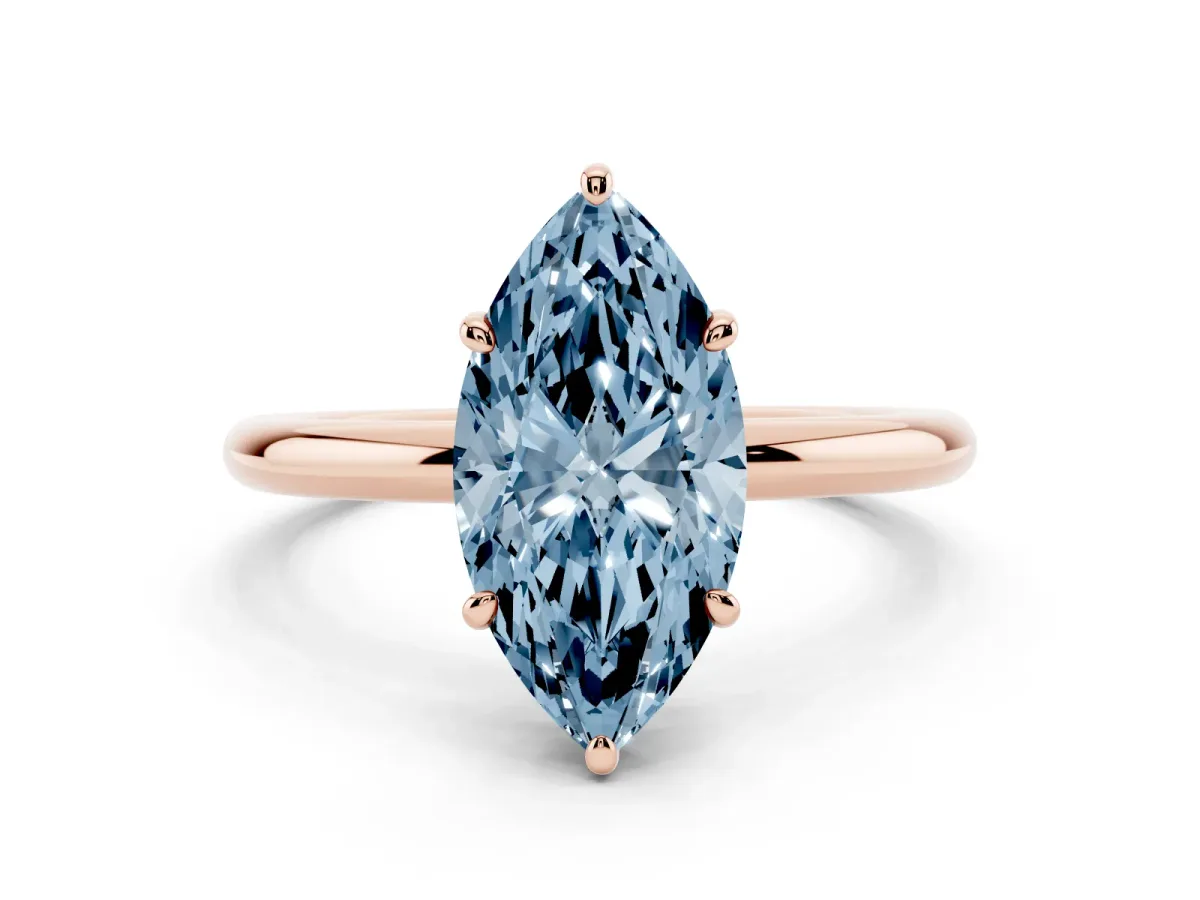 Fancy Blue Marquise Cut Solitaire Diamond Ring with Four-Prong Setting on a Plain Band Rose gold