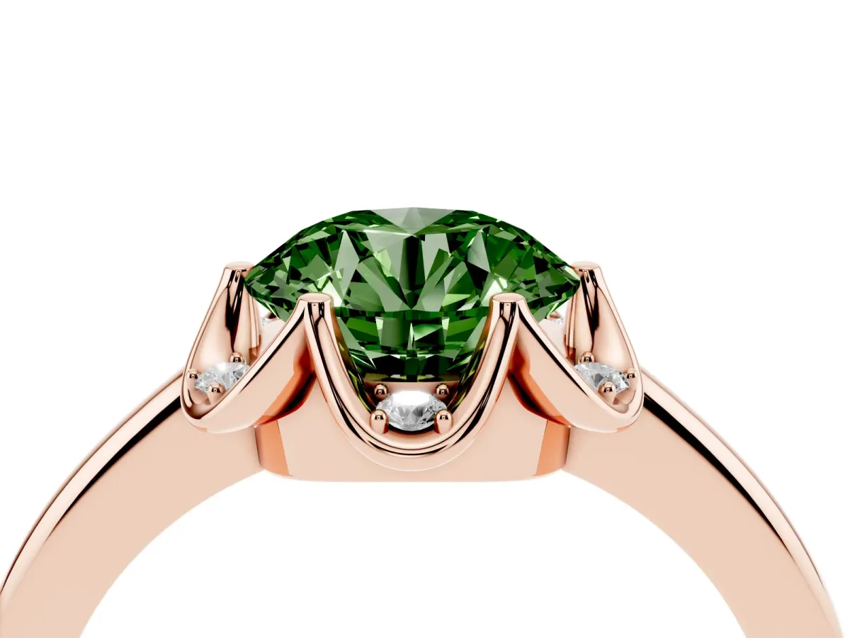 Fancy Green Round Cut Halo Diamond Ring with Round Cluster Setting, Solitaire Band, and Four-Prong Setting Rose gold