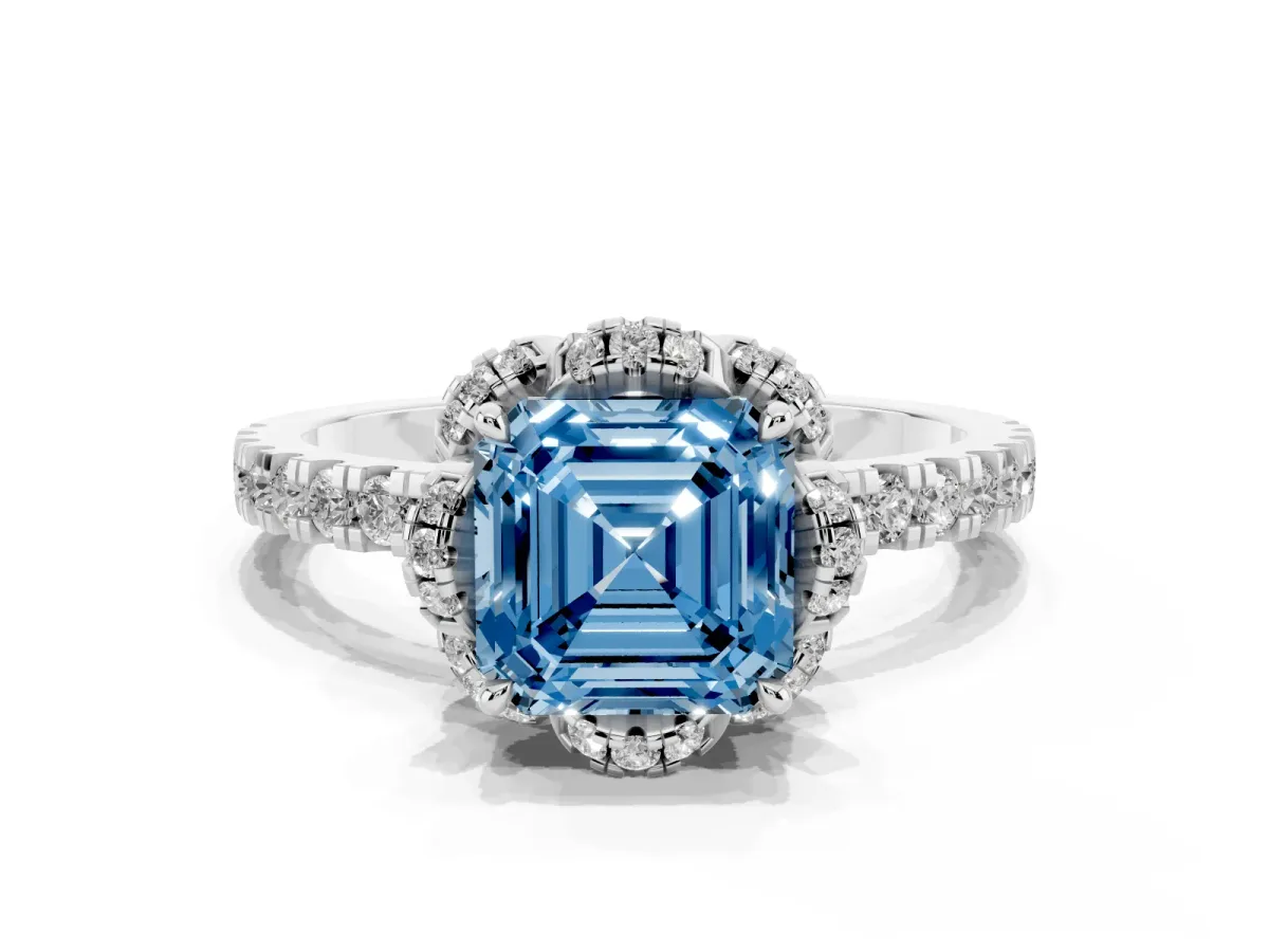 Fancy Blue Asscher Cut Halo Diamond Pave Band Ring with Four-Prong Setting Silver