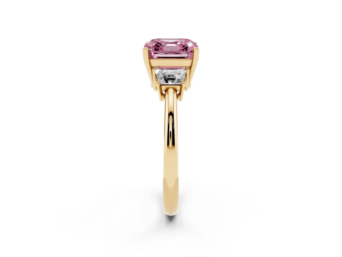 Fancy Pink Asscher Cut Diamond Three-Stone Ring with Trapezoid Side Stones and Prong Setting Yellow gold