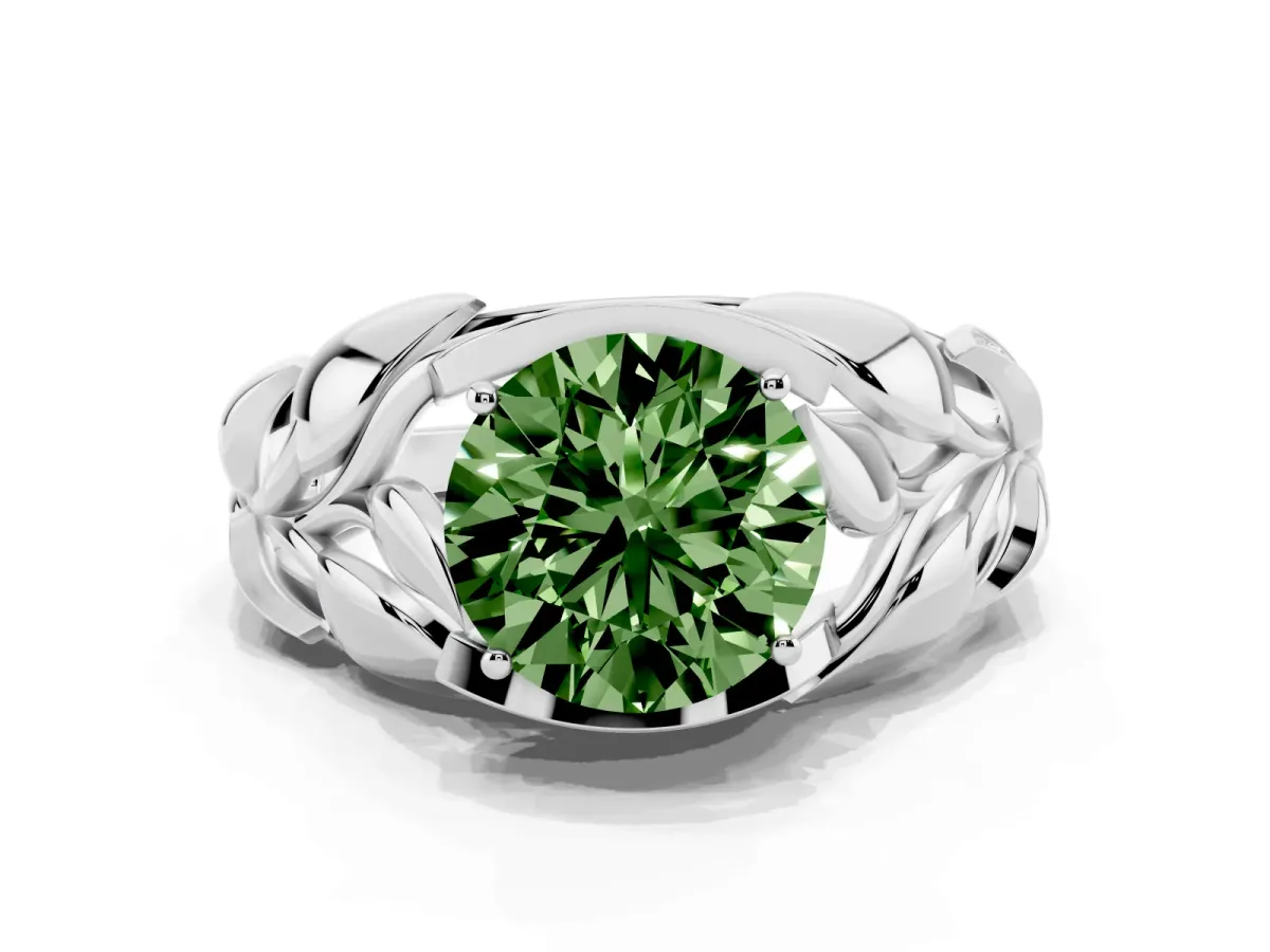 Fancy Green Round Cut Diamond Leaf-Inspired Engagement Ring with Round Accents and Prong Setting White gold