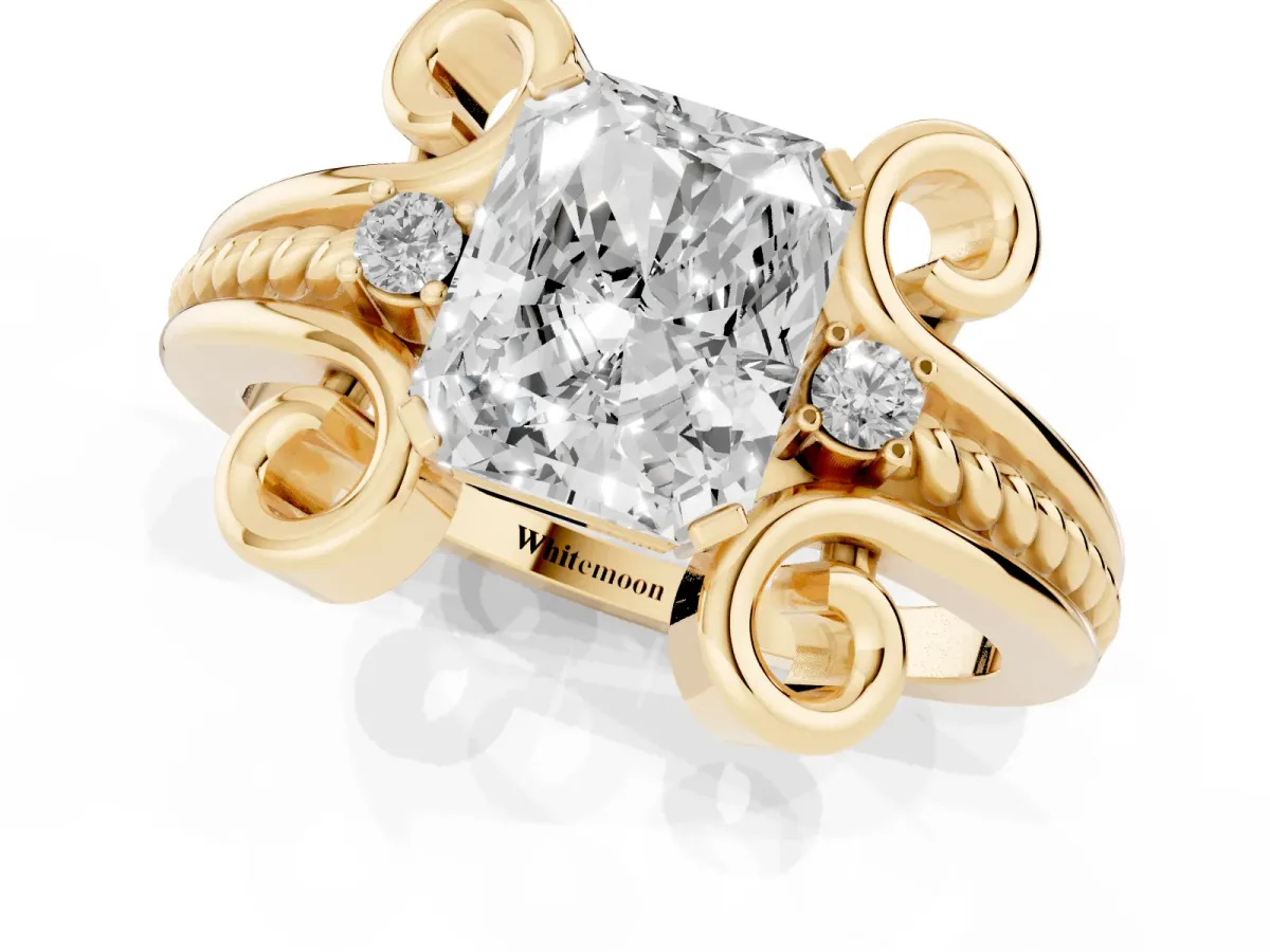 Radiant Cut Solitaire Twisted Band Scroll Prong Ring Yellow gold