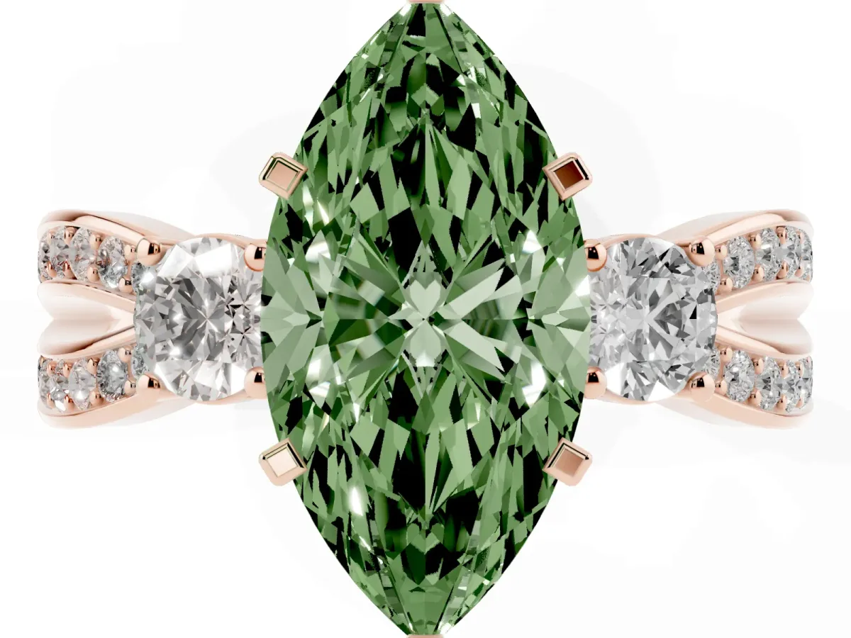 Fancy Green Three-Stone Marquise Cut Cut Diamond Twist Band with Prong Setting Rose gold