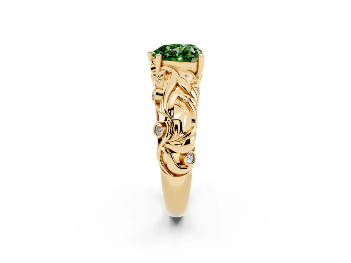 Fancy Green Heart Cut Solitaire Diamond Leaf-Inspired Vine Band Ring with Prong Setting Yellow gold