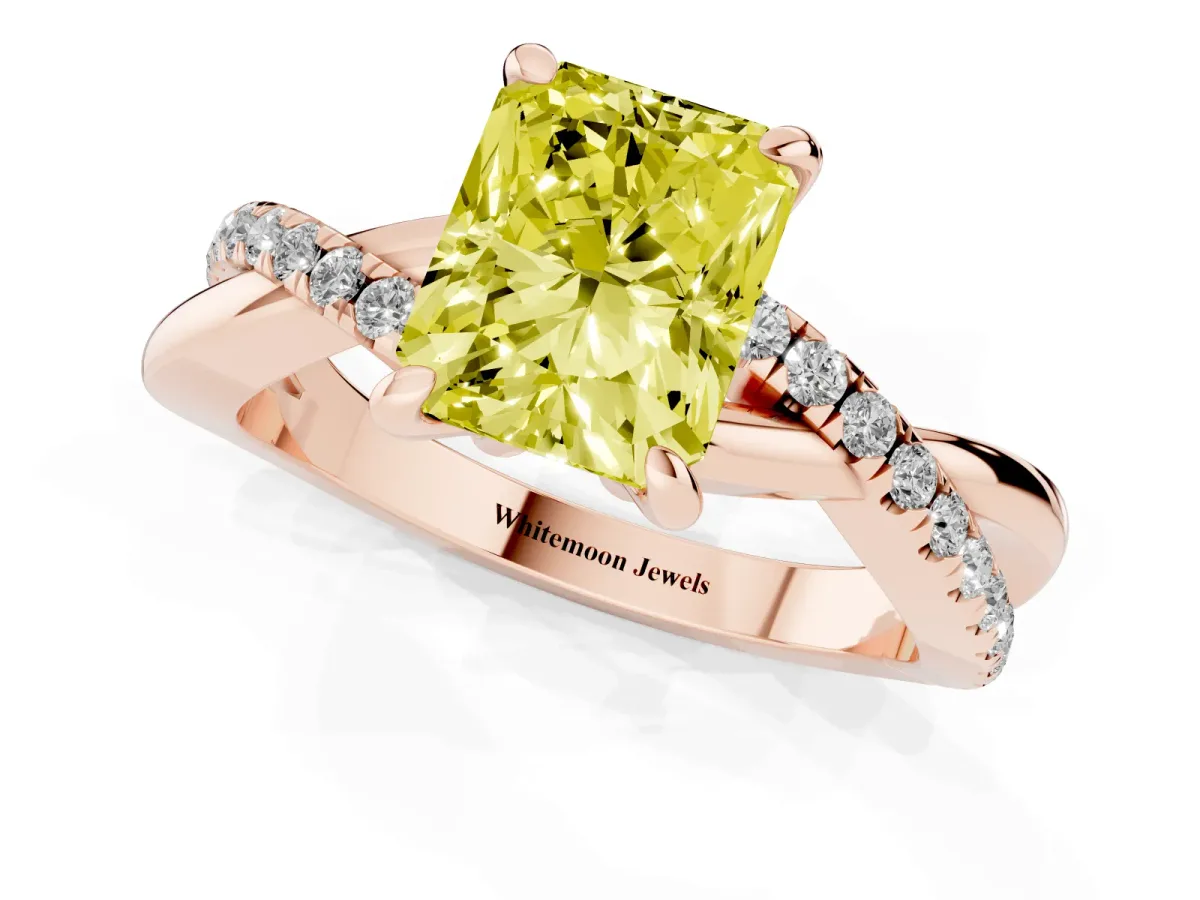 Fancy Yellow Radiant Cut Cut Diamond Twist Band Solitaire with Prong Setting Rose gold