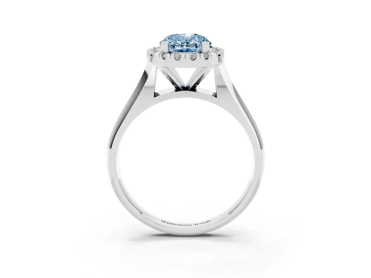 Fancy Blue Oval Cut Cut Halo Solitaire Engagement Ring with Square Band and Four-Prong Setting Silver