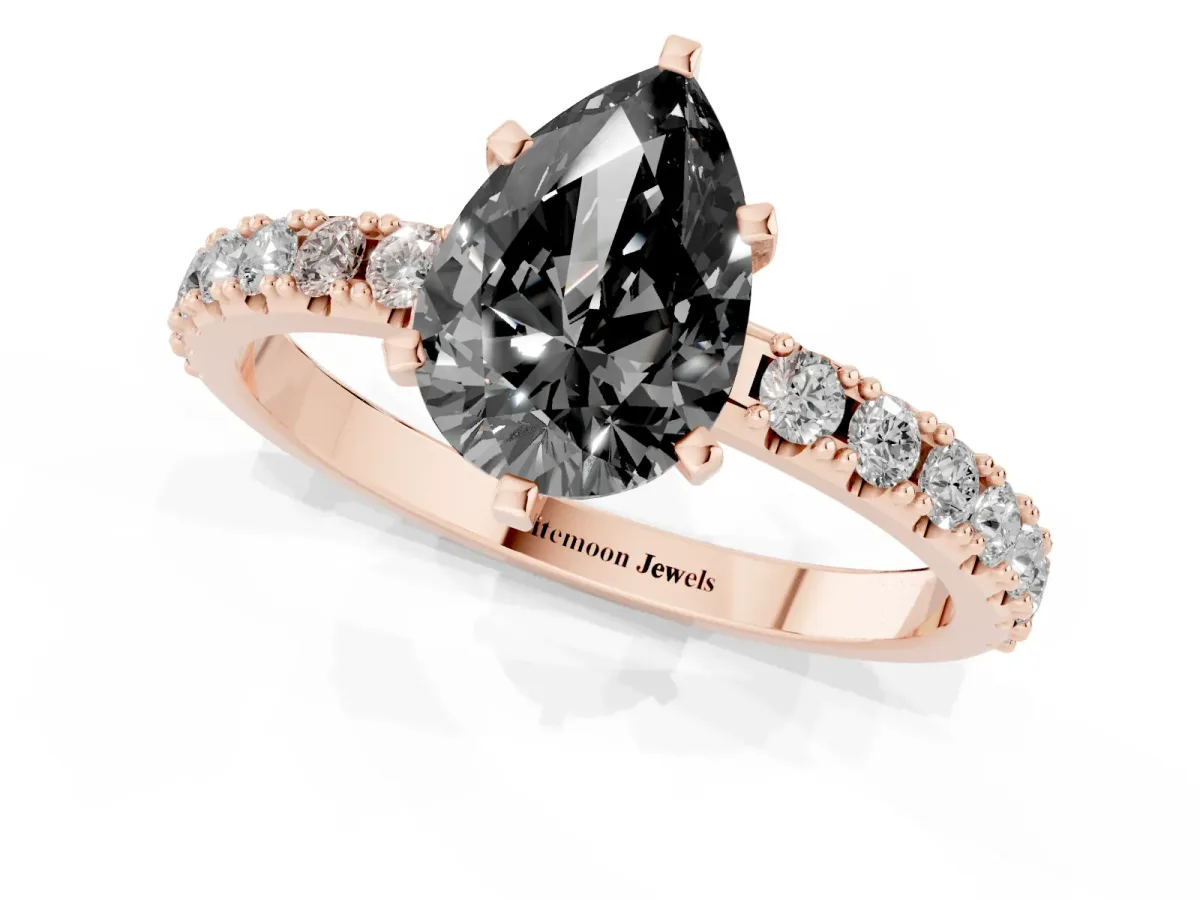 Fancy Black Pear Cut Diamond Solitaire Pavé Band with Four-Prong Setting Rose gold