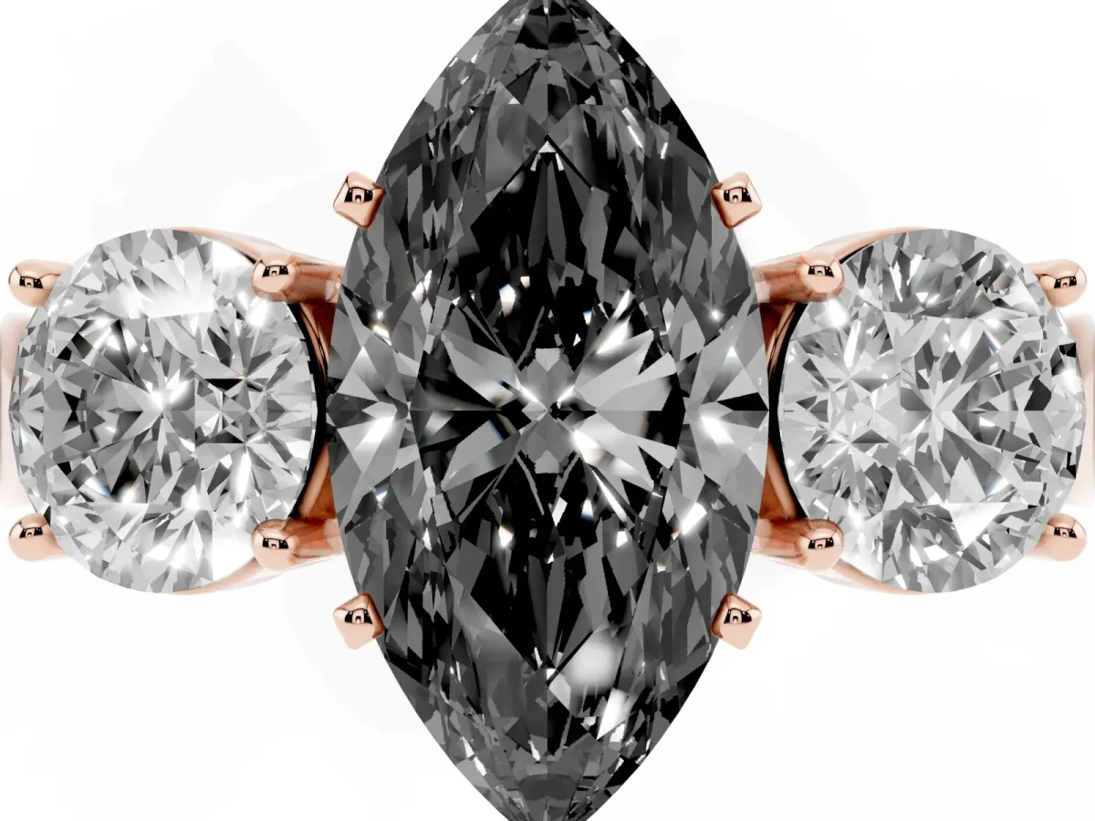 Fancy Black Three-Stone Marquise Cut Diamond Ring with Round Side Stones, Classic Band, and Four-Prong Setting Rose gold