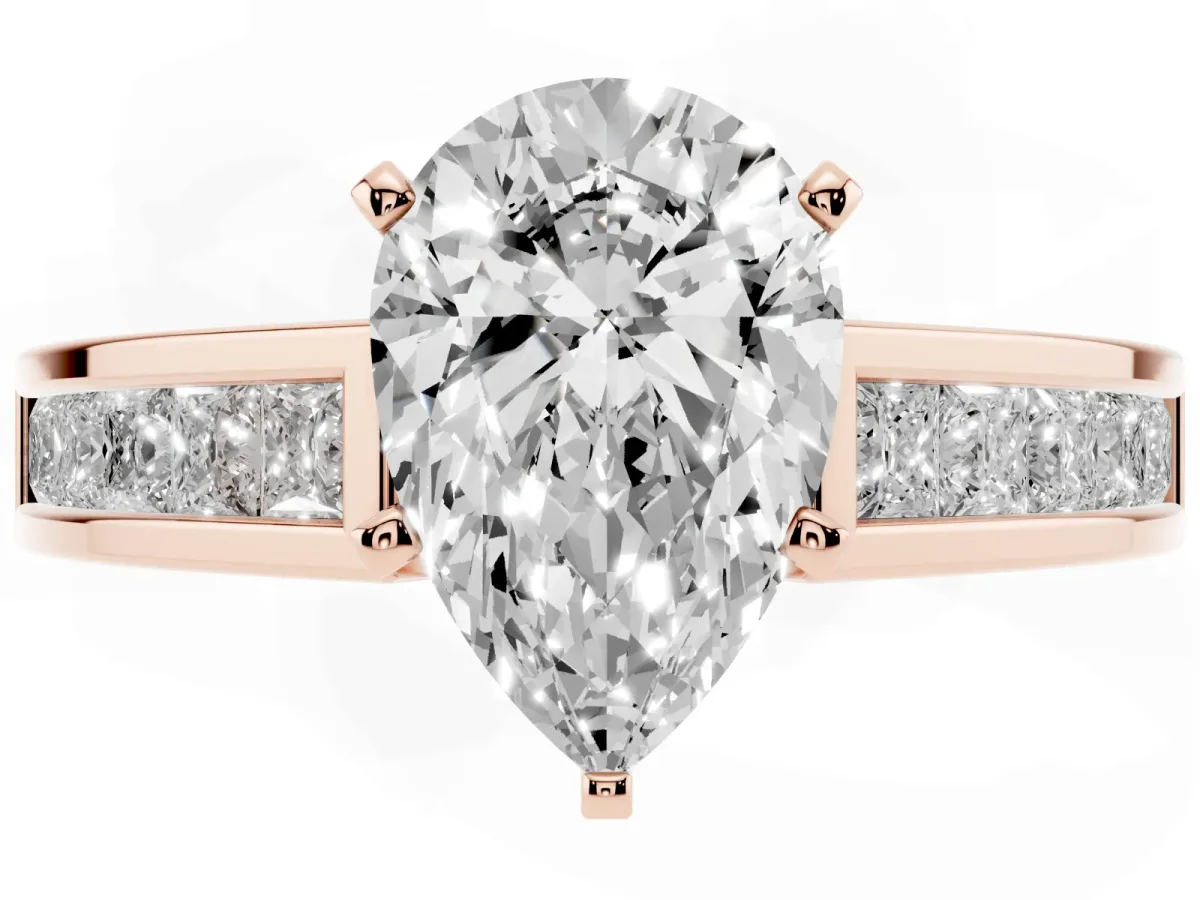Pear Cut Solitaire Diamond Ring with Channel-Set Band and Four-Prong Setting Rose gold