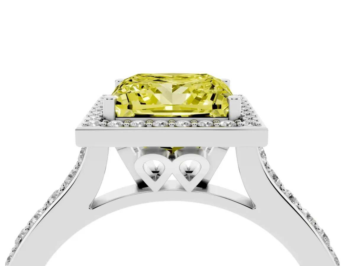 Fancy Yellow Princess Cut Diamond Halo Engagement Ring with Round Pavé Shoulders and Prong Setting Platinum