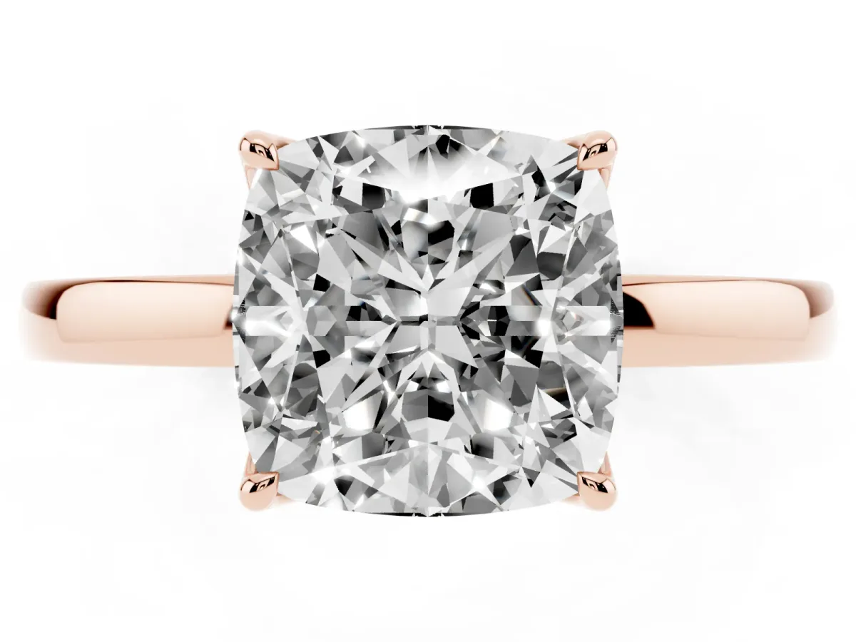 Cushion Cut Diamond Solitaire Ring with Thin Band and Prong Setting Rose gold