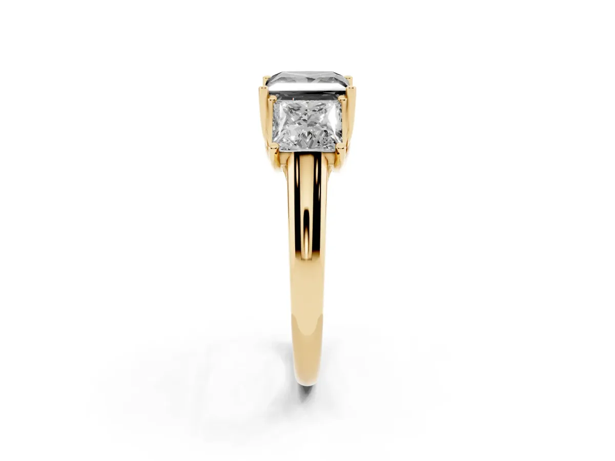 Fancy Black Three-Stone Princess Cut Diamond Engagement Ring with Prong Setting Yellow gold