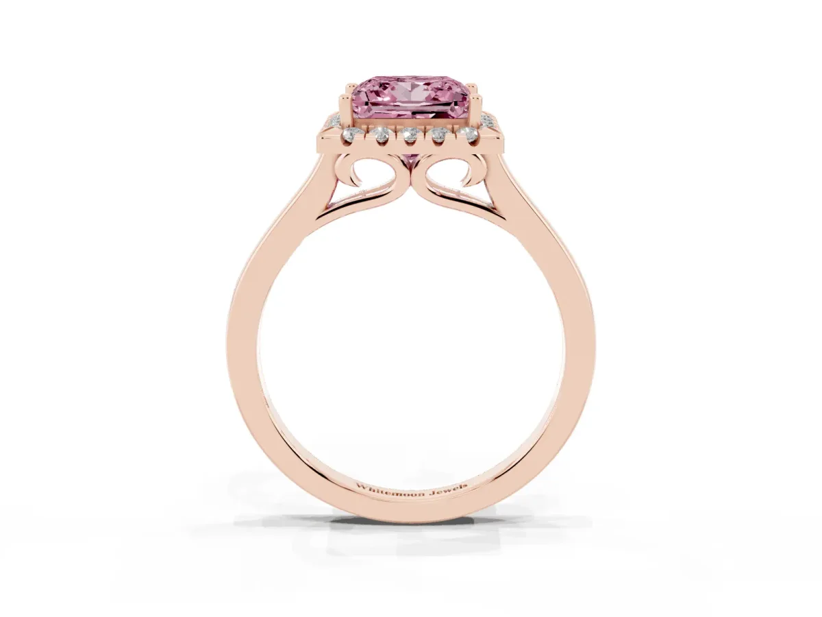 Fancy Pink Princess Cut Halo Round Diamond Solitaire Ring with Pavé Band and Four-Prong Setting Rose gold