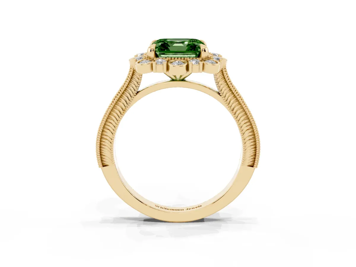 Fancy Green Asscher Cut Halo Milgrain Pave Diamond Ring with Four-Prong Setting Yellow gold
