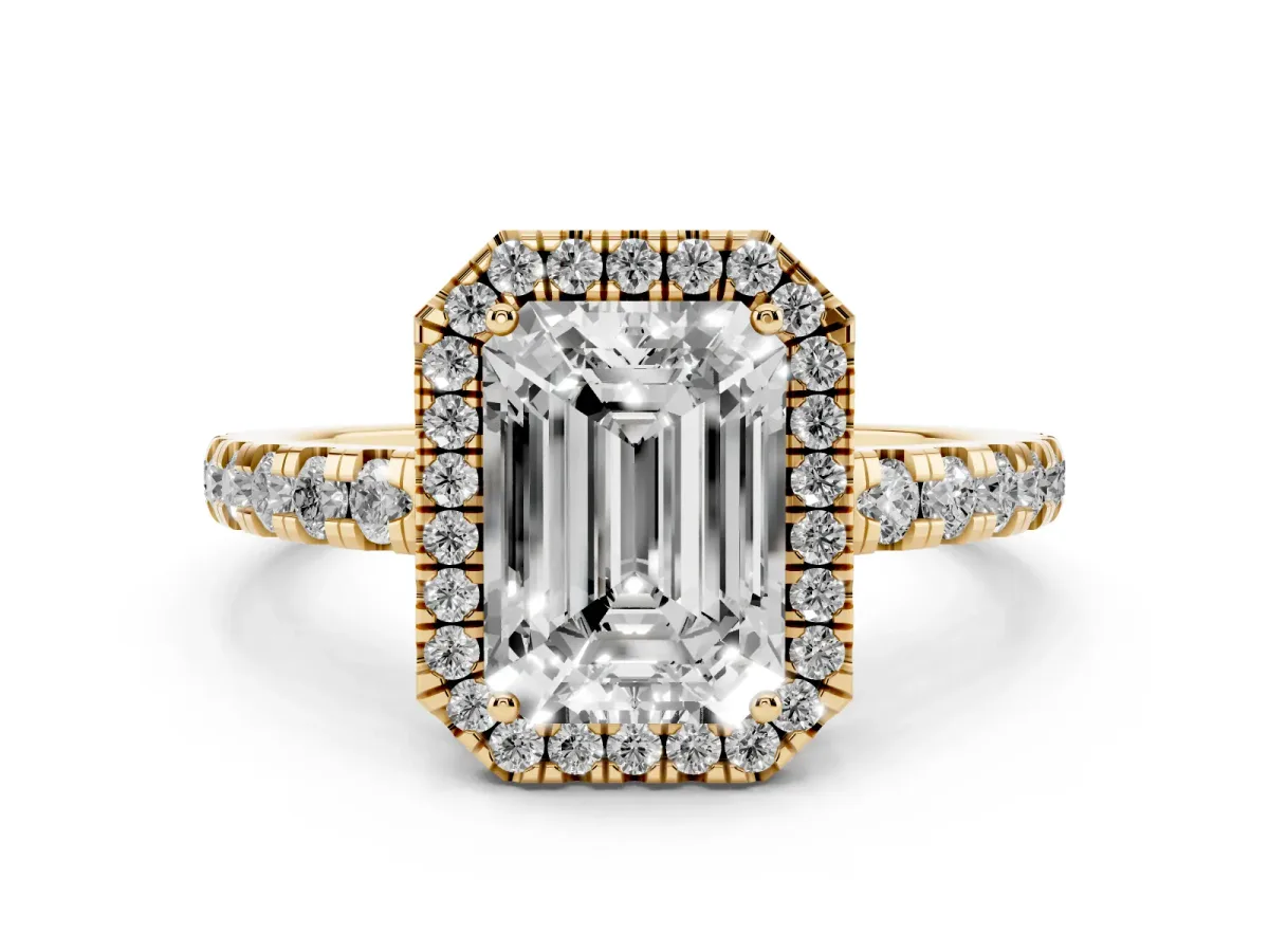 Emerald Cut Diamond Halo Ring with Pavé Band and Four-Prong Setting Yellow gold
