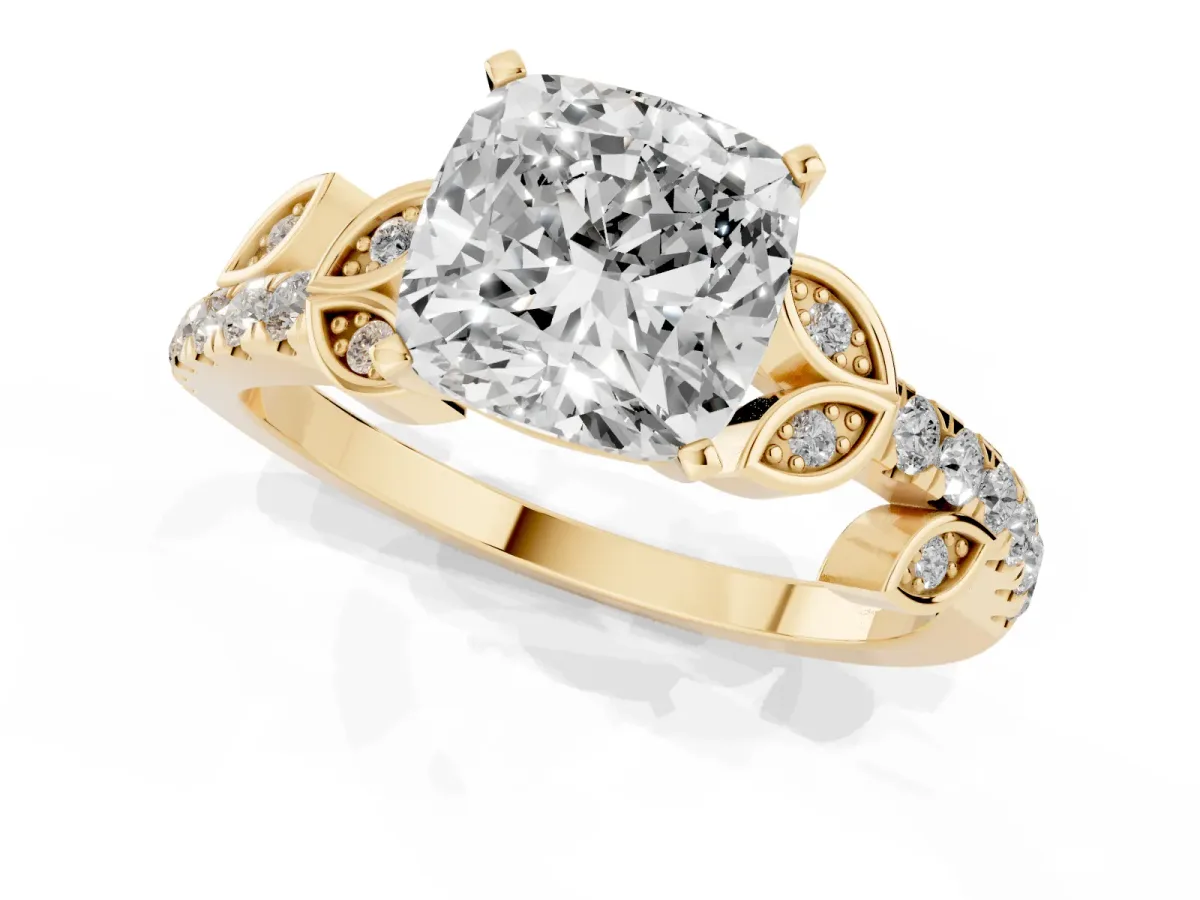 Cushion Cut Solitaire Leaf-Inspired Diamond Ring with Pavé Band and Four-Prong Setting Yellow gold