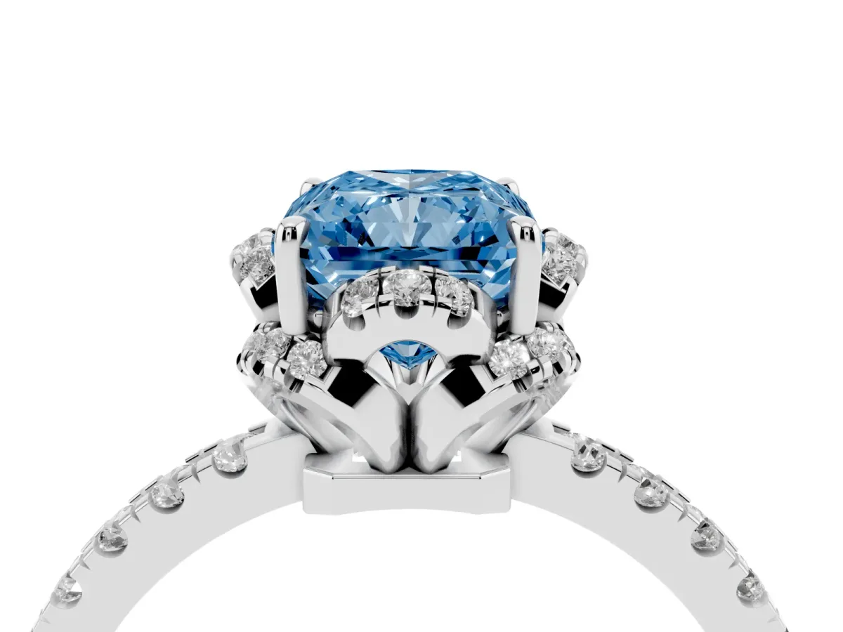 Fancy Blue Radiant Cut Diamond Halo Pave Band with Four-Prong Setting Silver