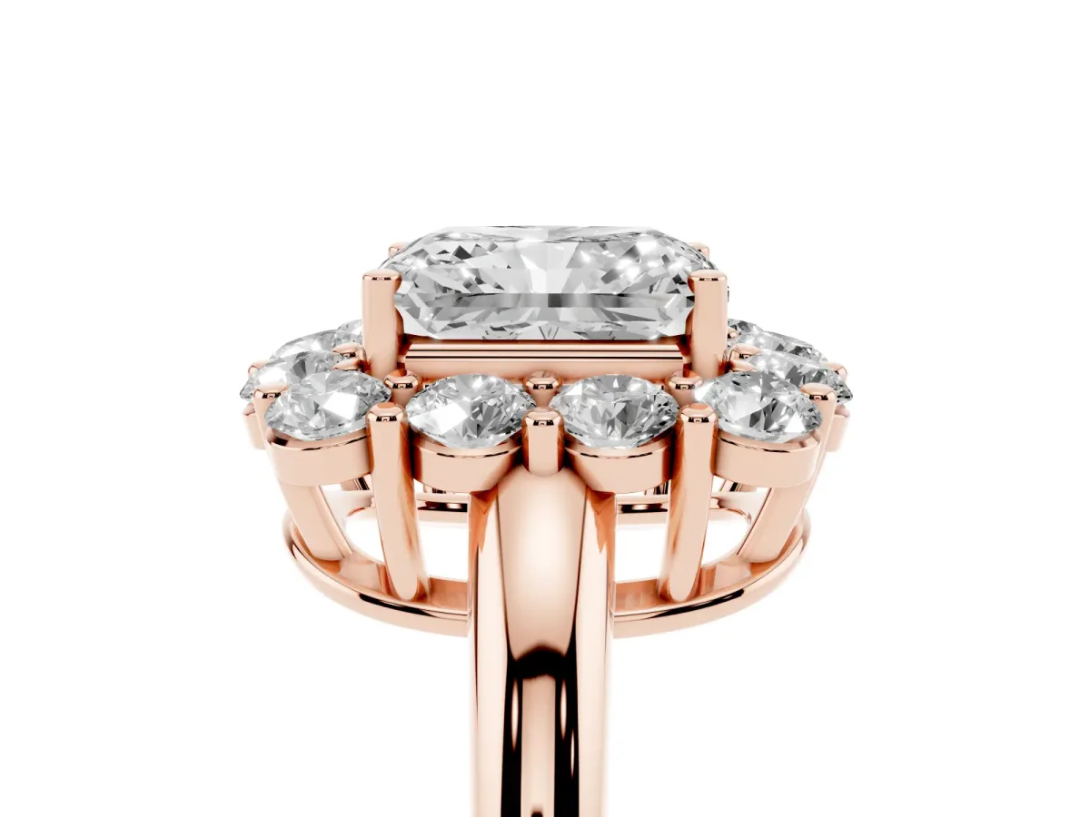 Radiant Cut Halo Cluster Diamond Engagement Ring with Prong Setting and Polished Band Rose gold