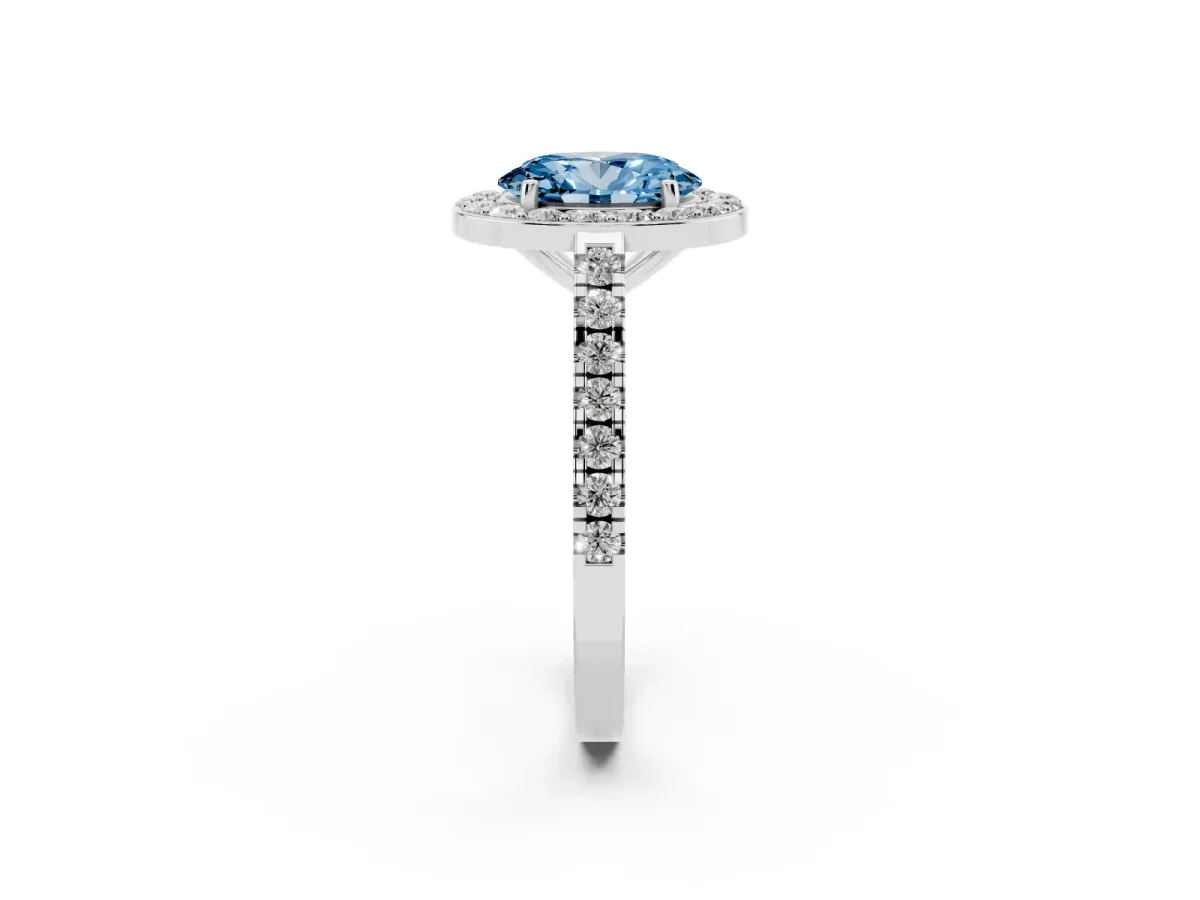 Fancy Blue Oval Cut Diamond Halo Ring with Round Pavé Split Shank and Prong Setting Platinum