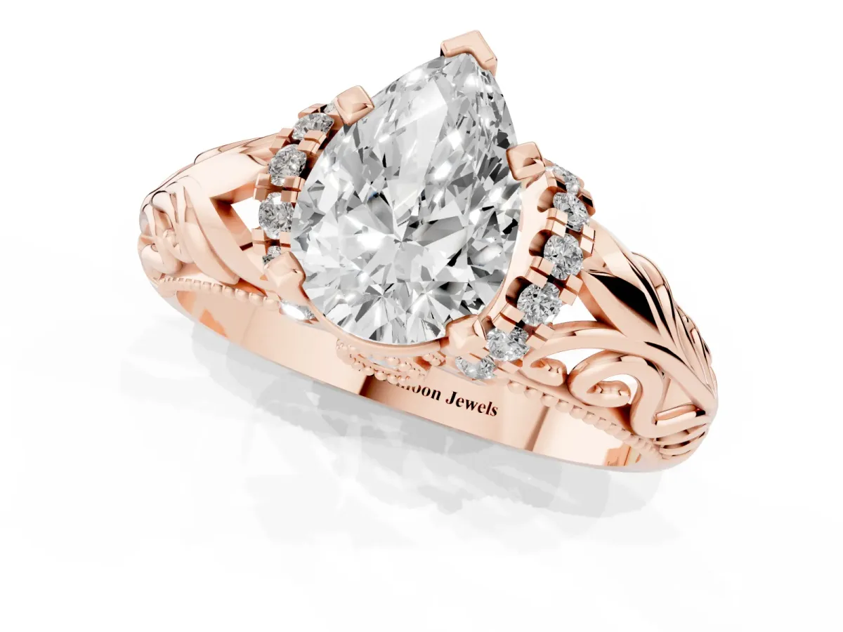 Pear Cut Solitaire Filigree Engagement Ring with Halo and Prong Setting Rose gold