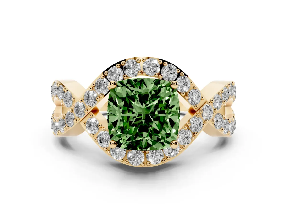 Fancy Green Cushion Cut Solitaire Twist Band Pavé Diamond Engagement Ring Yellow gold
