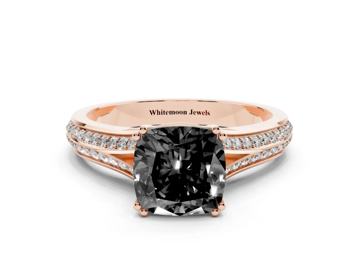 Fancy Black Cushion Cut Diamond Split Shank Engagement Ring with Pavé Band Rose gold