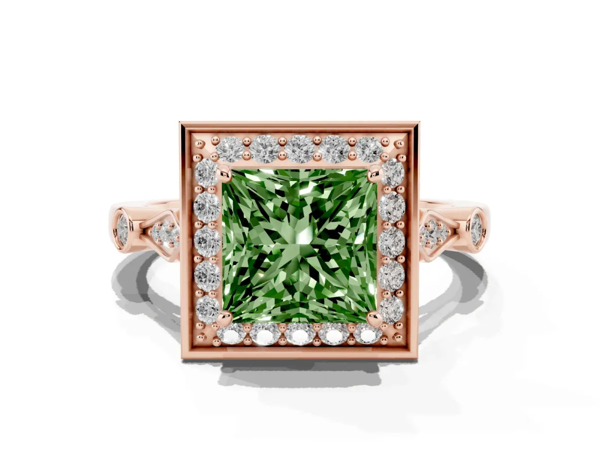 Fancy Green Princess Cut Halo Diamond Engagement Ring with Twisted Band and Four-Prong Setting Rose gold