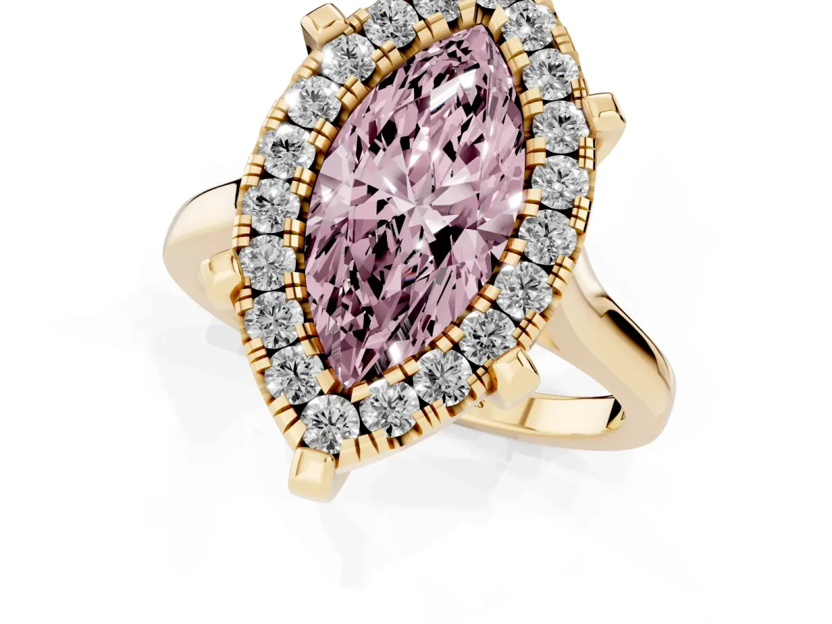 Fancy Pink Marquise Cut Diamond Cluster Halo Solitaire with Four-Prong Setting Yellow gold
