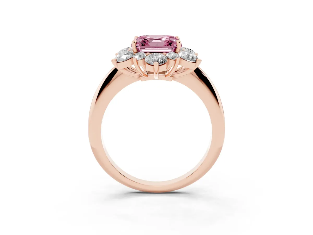 Fancy Pink Asscher Cut Diamond Cluster Halo Ring with Solitaire Band and Four-Prong Setting Rose gold