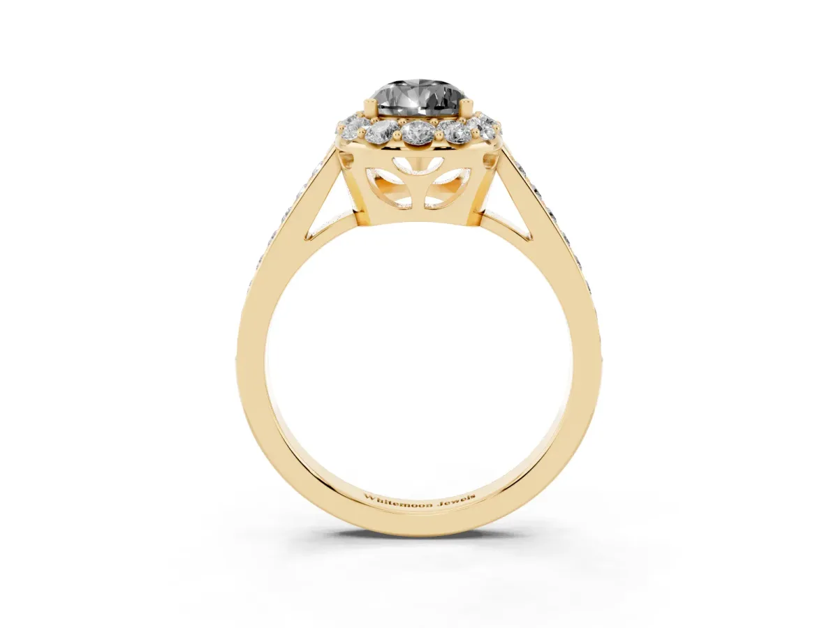 Fancy Black Pear Cut Diamond Floral Halo Ring with Pavé Band and Prong Setting Yellow gold