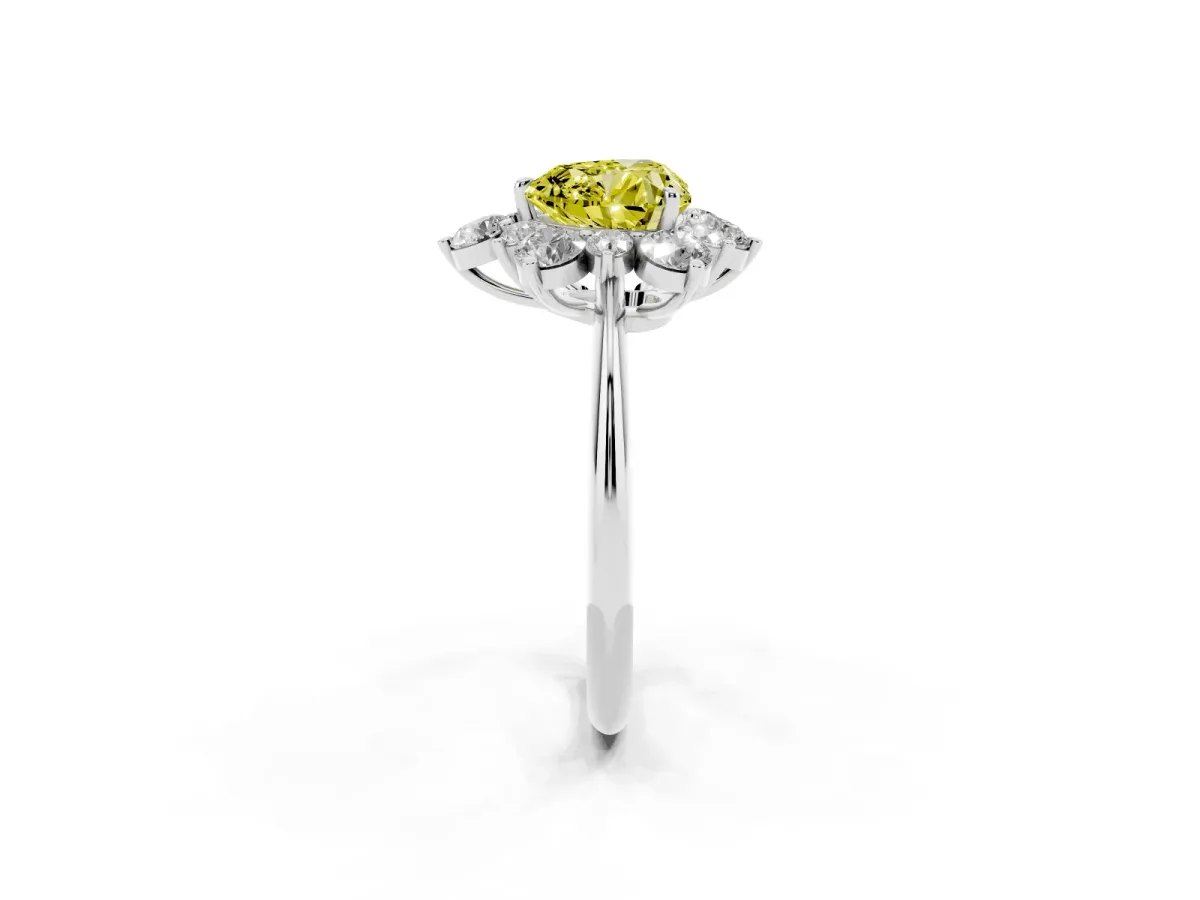 Fancy Yellow Heart Cut Diamond Cluster Halo Ring with Solitaire Band and Four-Prong Setting White gold