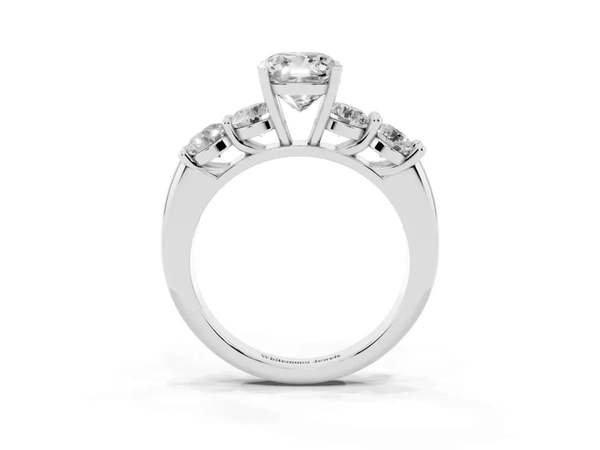 Cushion Cut Cut Five-Stone Prong Set Diamond Ring with Classic Band Silver