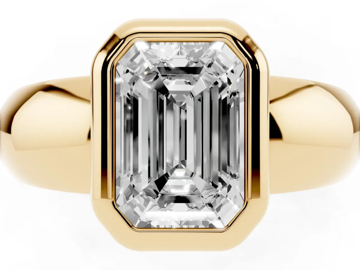 Bezel Set Emerald Cut Solitaire Ring with Wide Band Yellow gold