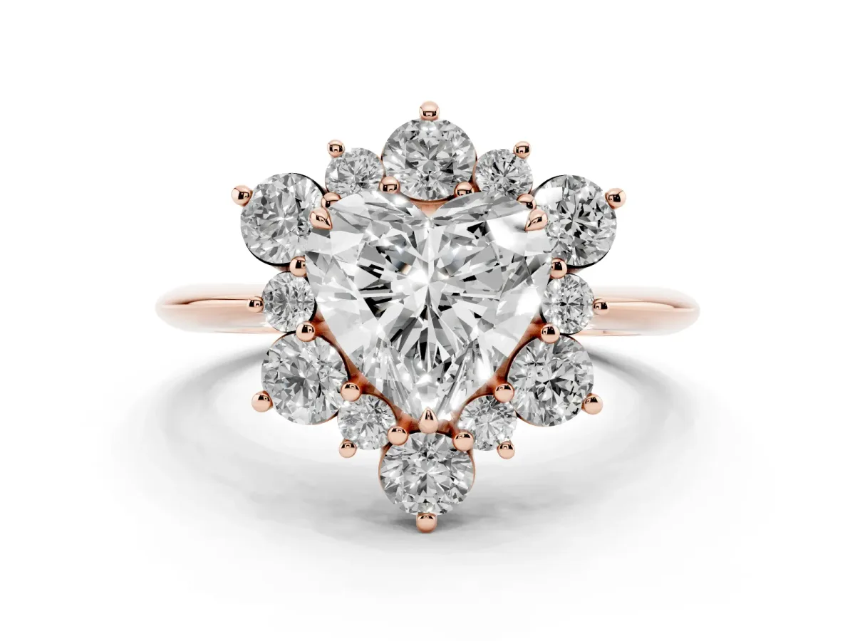 Heart Cut Diamond Cluster Halo Ring with Solitaire Band and Four-Prong Setting Rose gold