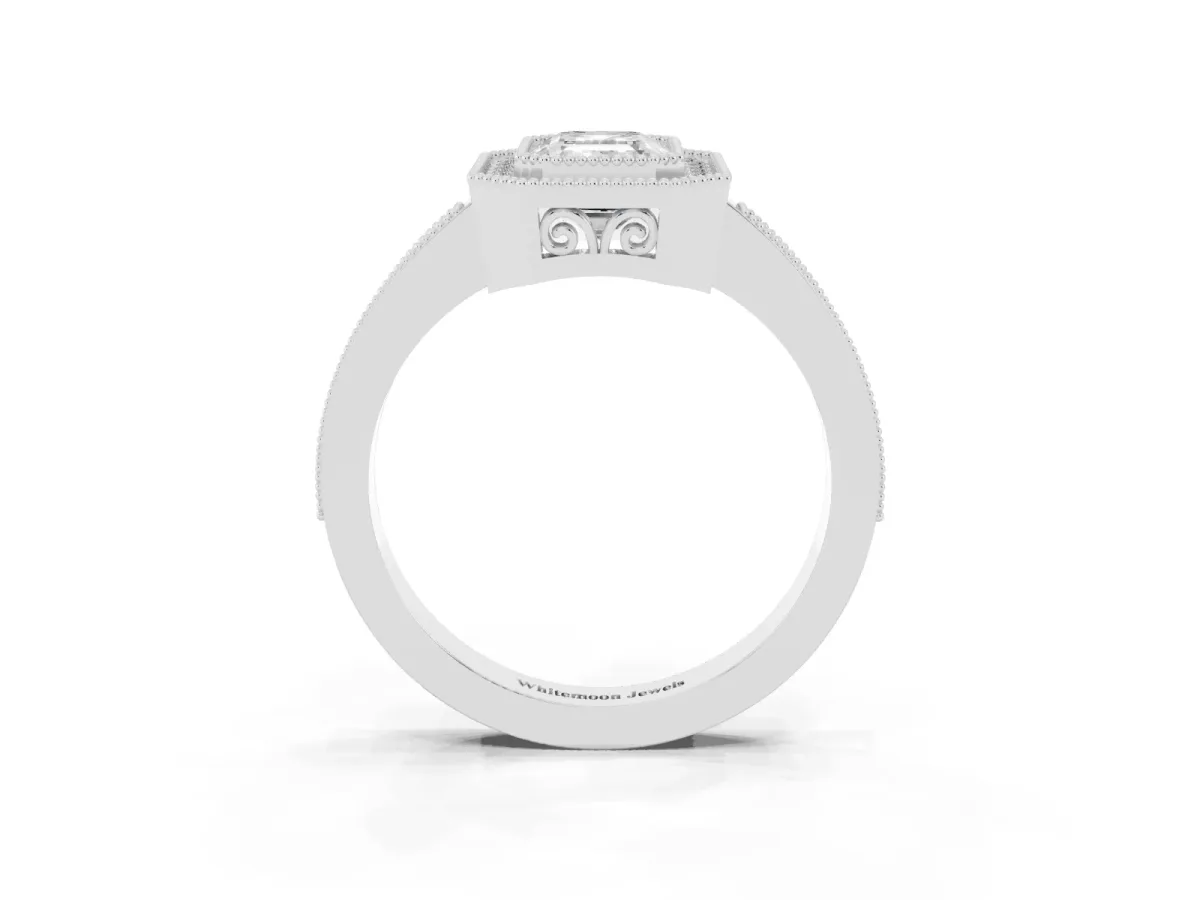 Emerald Cut Cut Halo Diamond Ring with Pavé Band and Milgrain Prong Setting Silver