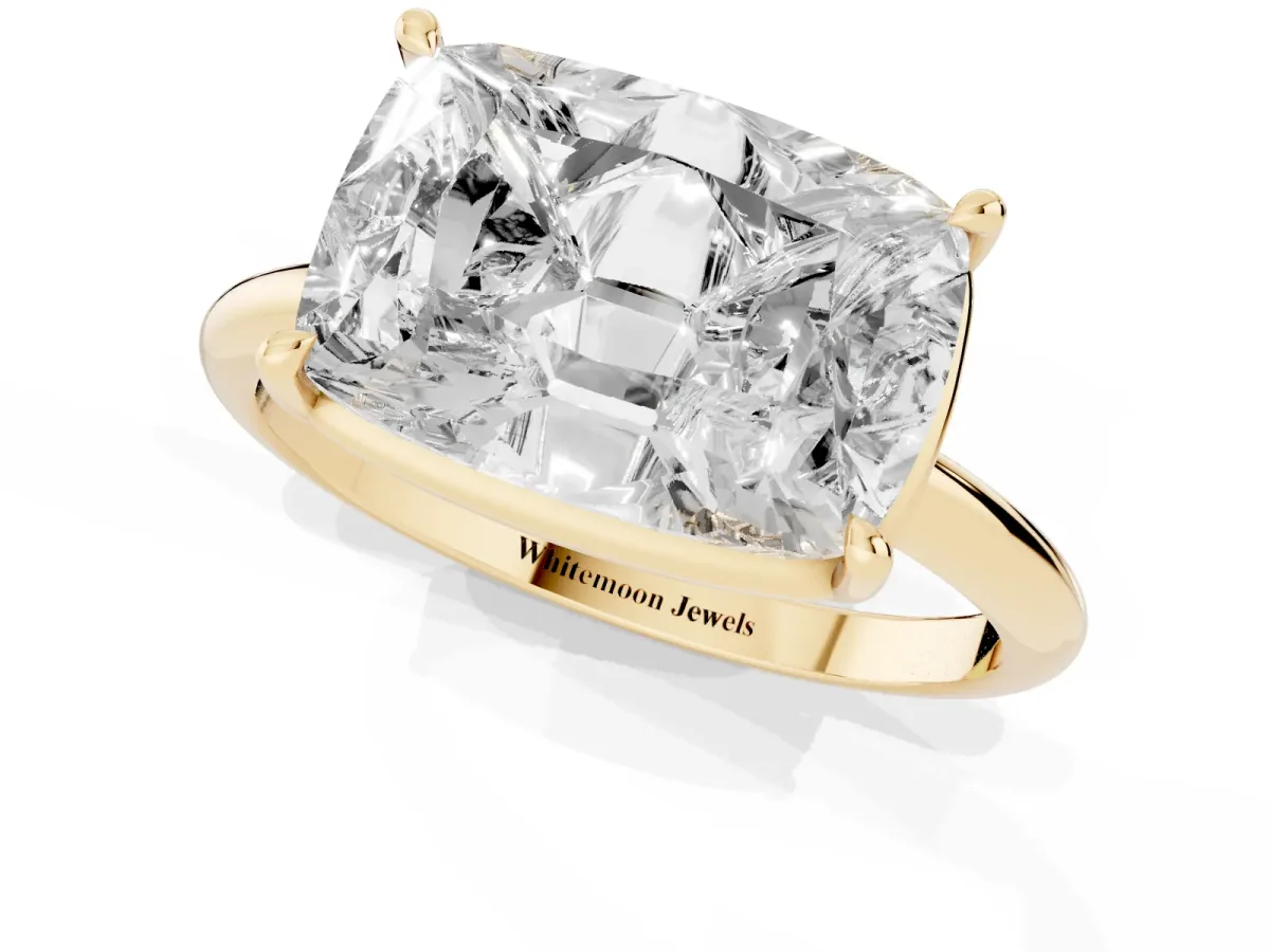 Old Mine Elongated Cushion Diamond East-West Bezel Set Four Claw Solitaire Ring Yellow gold