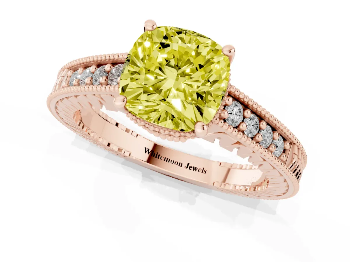 Fancy Yellow Cushion Cut Solitaire Pavé Diamond Milgrain Engagement Ring with Four-Prong Setting Rose gold