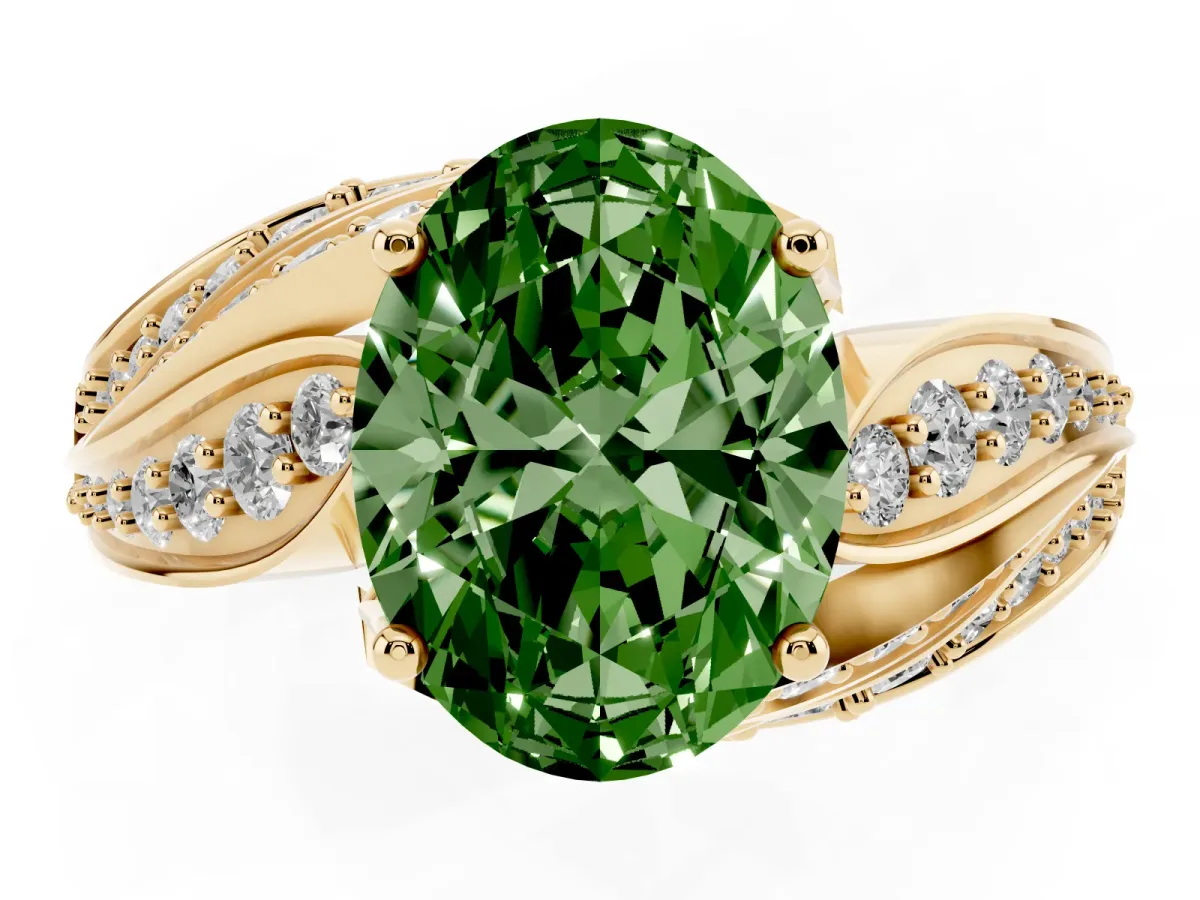 Fancy Green Oval Cut Diamond Solitaire Ring with Prong Setting and Twisted Pavé Band Yellow gold