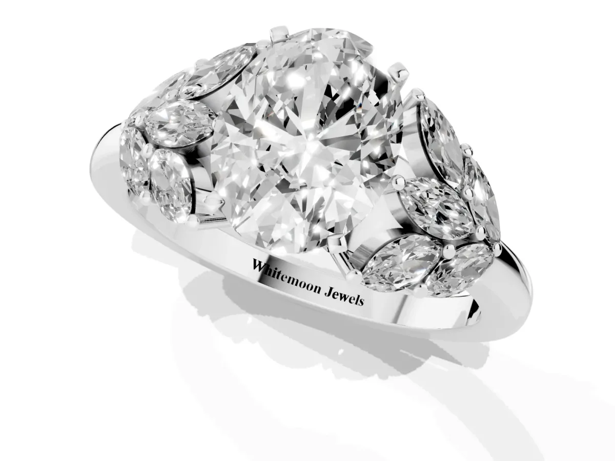 Oval Cut Diamond Cluster Leaf Design Ring with Prong Setting Platinum