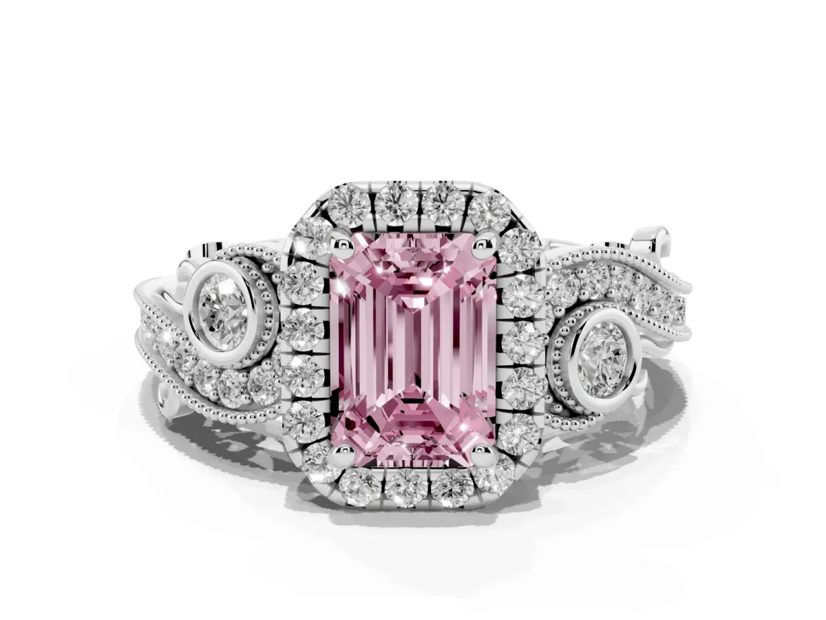 Fancy Pink Emerald Cut Halo Diamond Ring with Milgrain and Bezel Accents on a Split Shank Band White gold