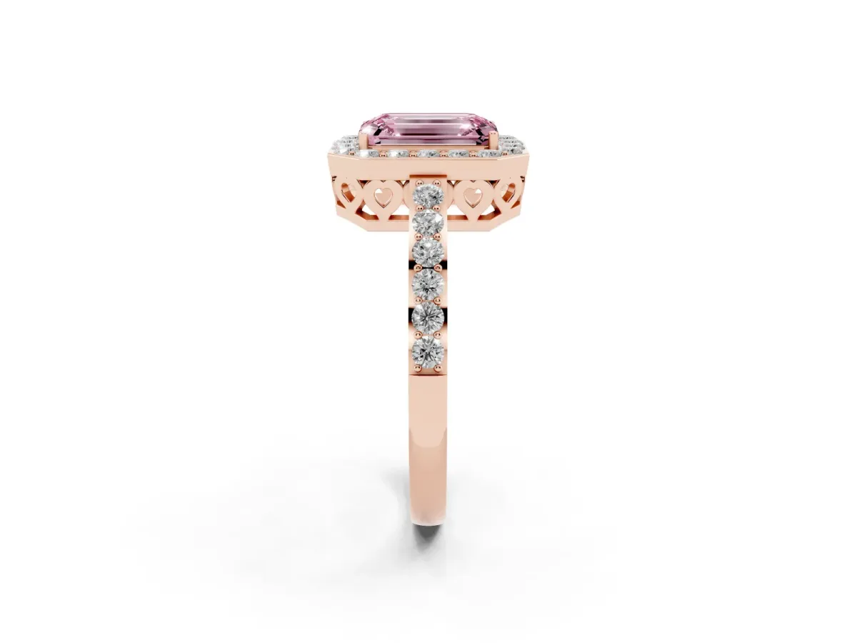 Fancy Pink Emerald Cut Halo Diamond Pavé Band Ring with Prong Setting Rose gold
