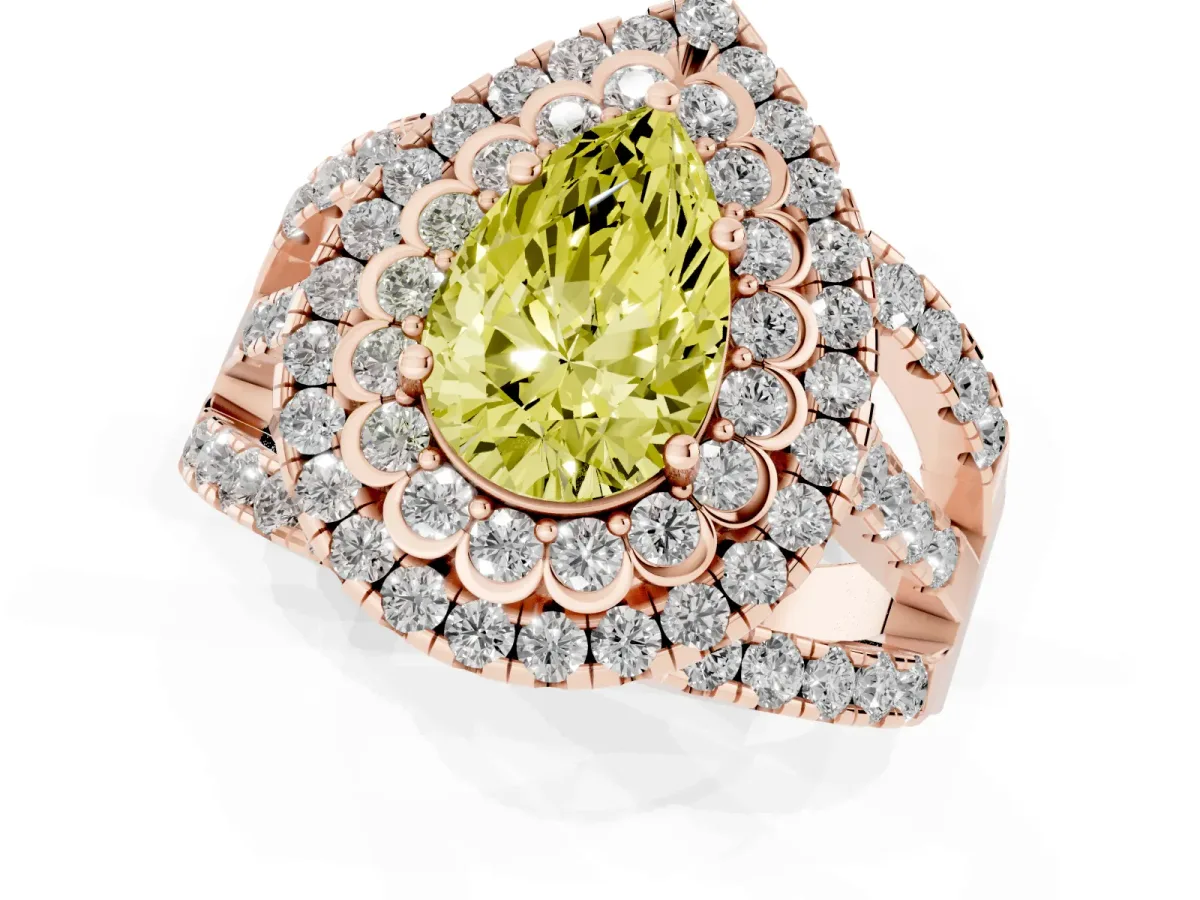 Fancy Yellow Pear Cut Diamond Double Halo Ring with Round Pavé Split Shank and Prong Setting Rose gold