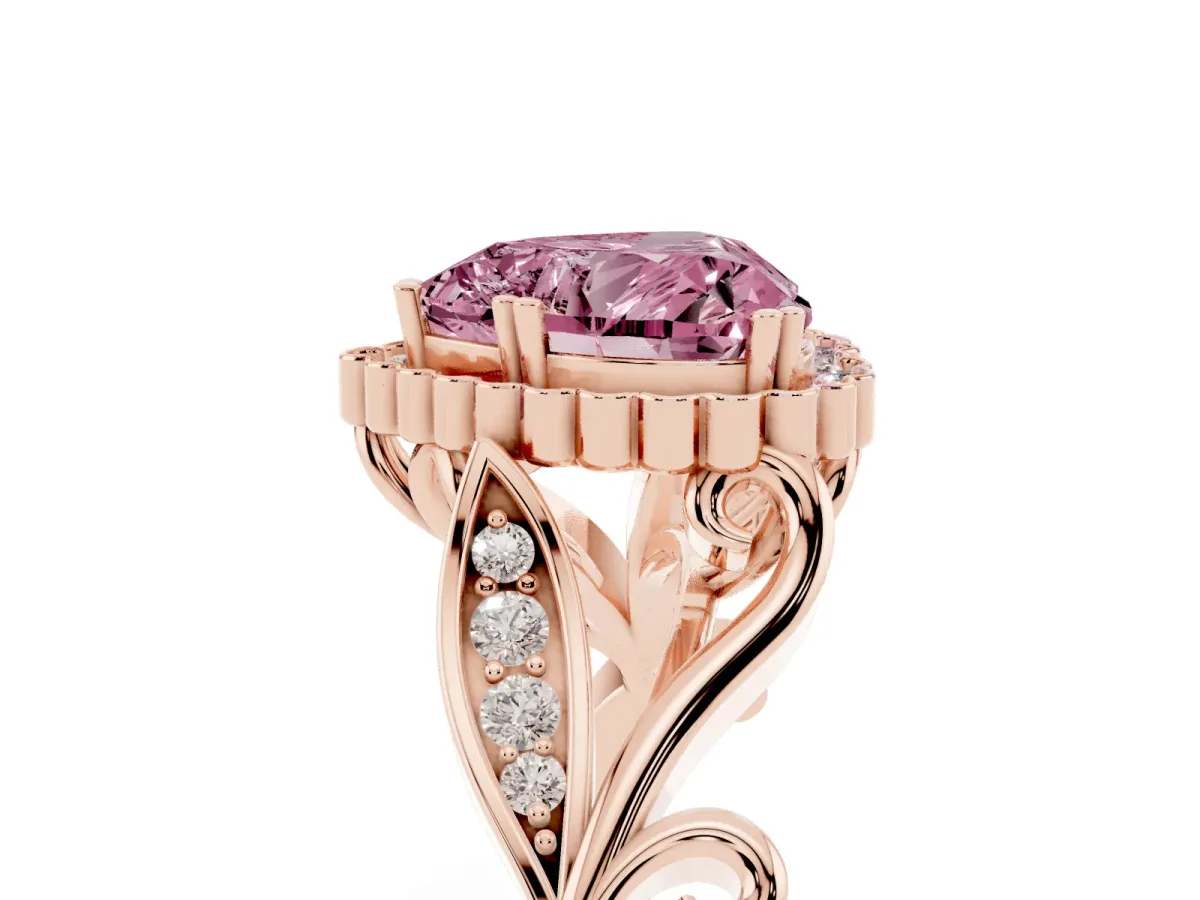 Fancy Pink Heart Cut Diamond Halo Ring with Vintage Split Shank and Four-Prong Setting Rose gold