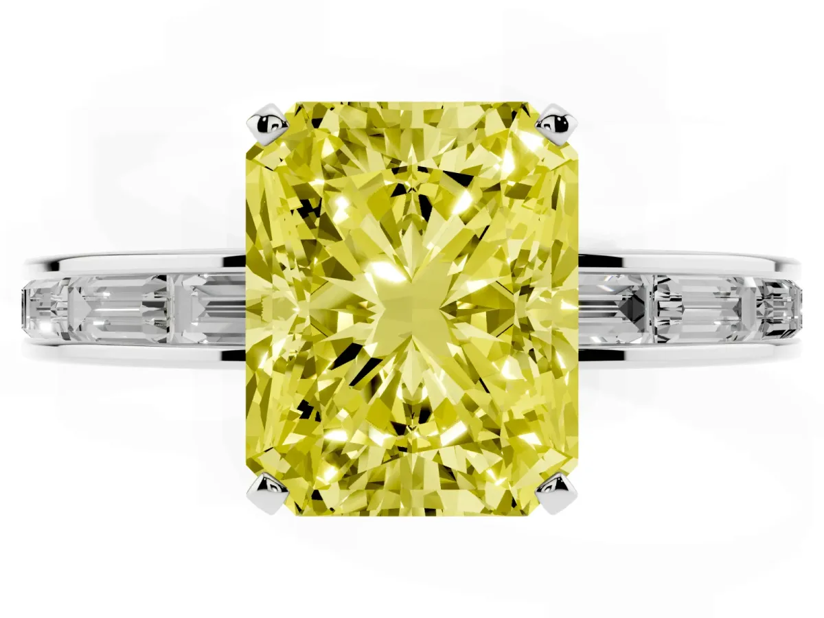 Fancy Yellow Radiant Cut Solitaire Diamond Ring with Channel-Set Baguette Band and Four-Prong Setting Platinum