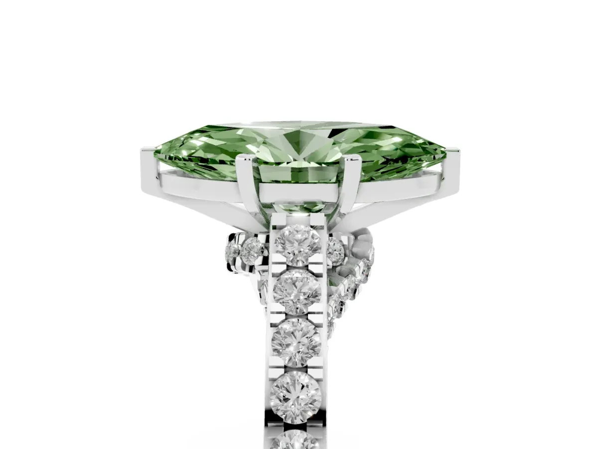 Fancy Green Marquise Cut Diamond Solitaire Ring with Crossover Gallery and Round Pavé Band White gold