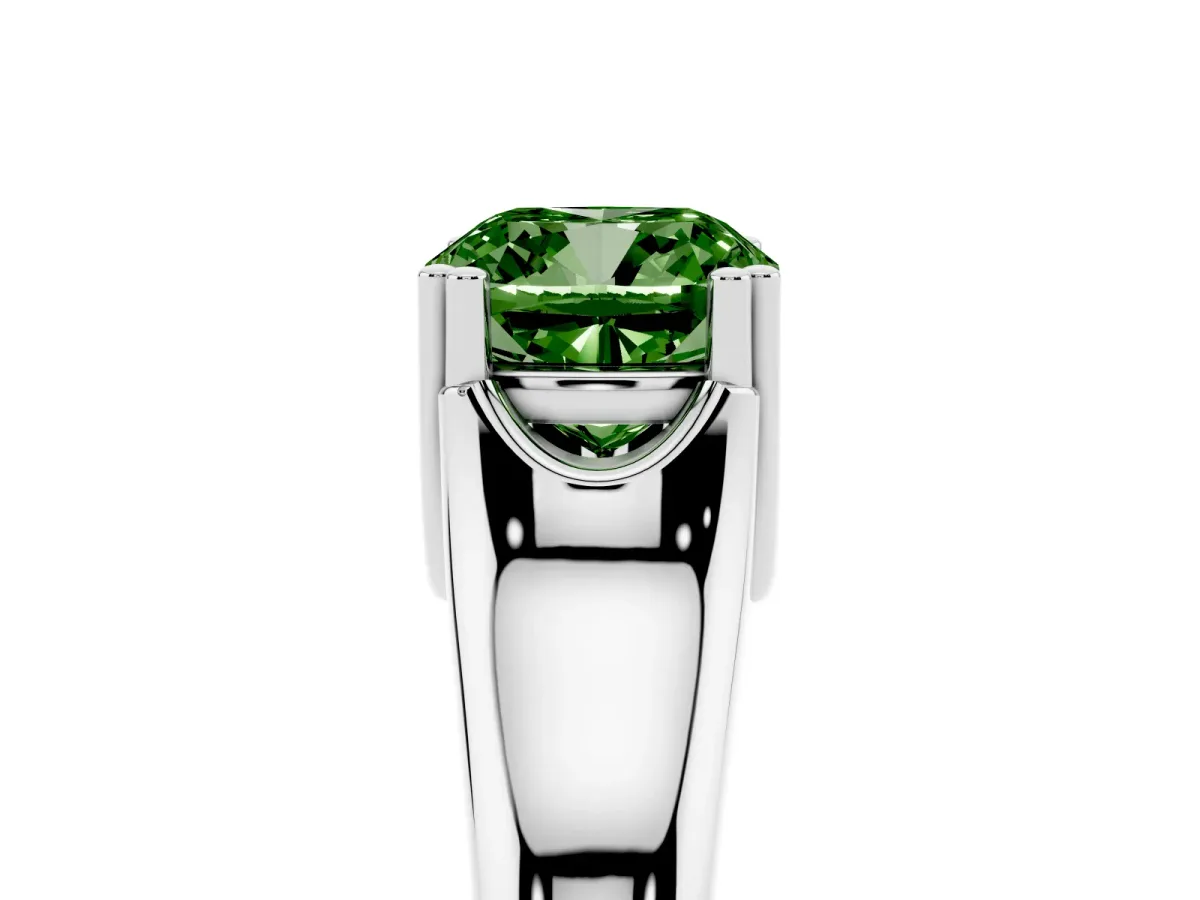 Fancy Green Cushion Cut Diamond Solitaire Ring with Wide Band and Prong Setting Silver