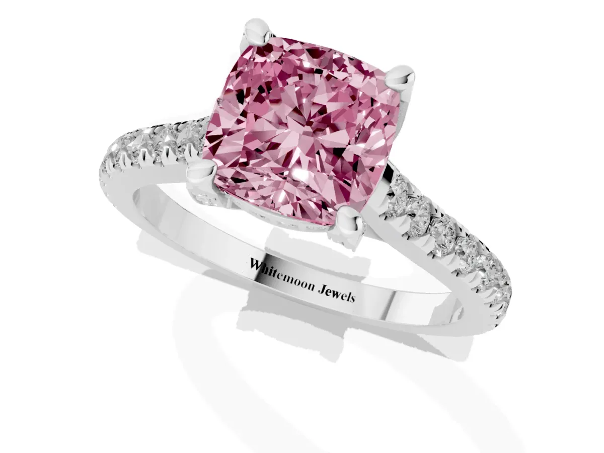 Fancy Pink Cushion Cut Brilliant Diamond Solitaire with Pavé Band and Four-Prong Setting White gold